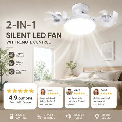 2‐in‐1 Silent LED Fan with Remote Control, Energy‐Saving Cooling & Lighting Combo for Home Bedroom